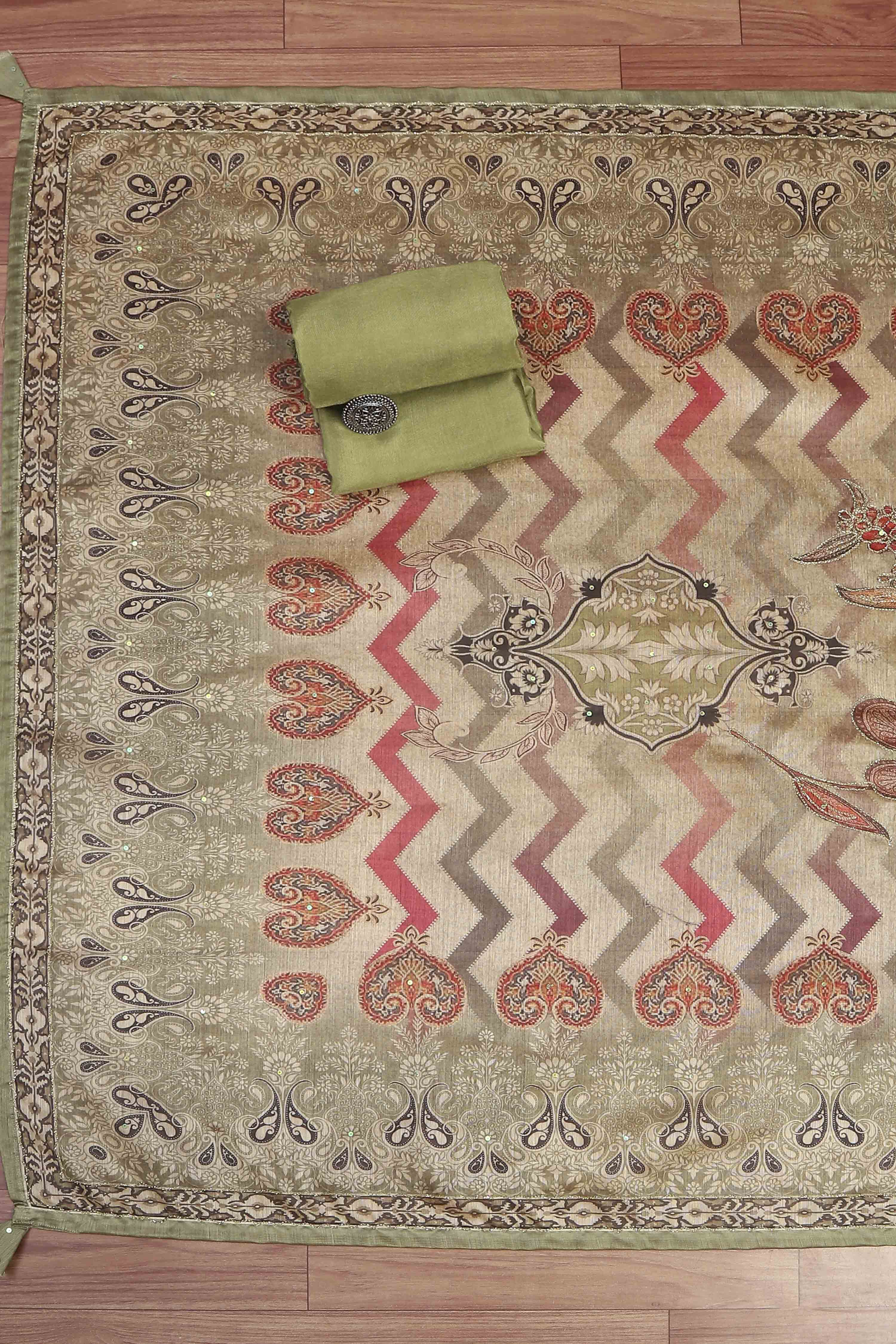 Light Red Chanderi Unstitched Suit Set image number 3