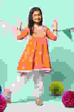 Orange Cotton Gathered Kurta Salwar 2 Piece Set image number 0