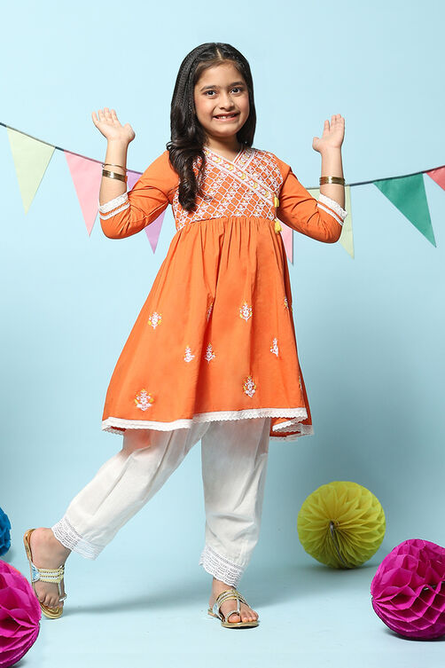 Orange Cotton Gathered Kurta Salwar 2 Piece Set image number 0