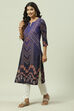 Navy LIVA Straight Printed Kurta image number 2