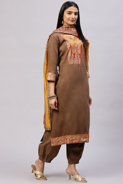 Brown Cotton Blend Digital Print Unstitched Suit Set image number 6