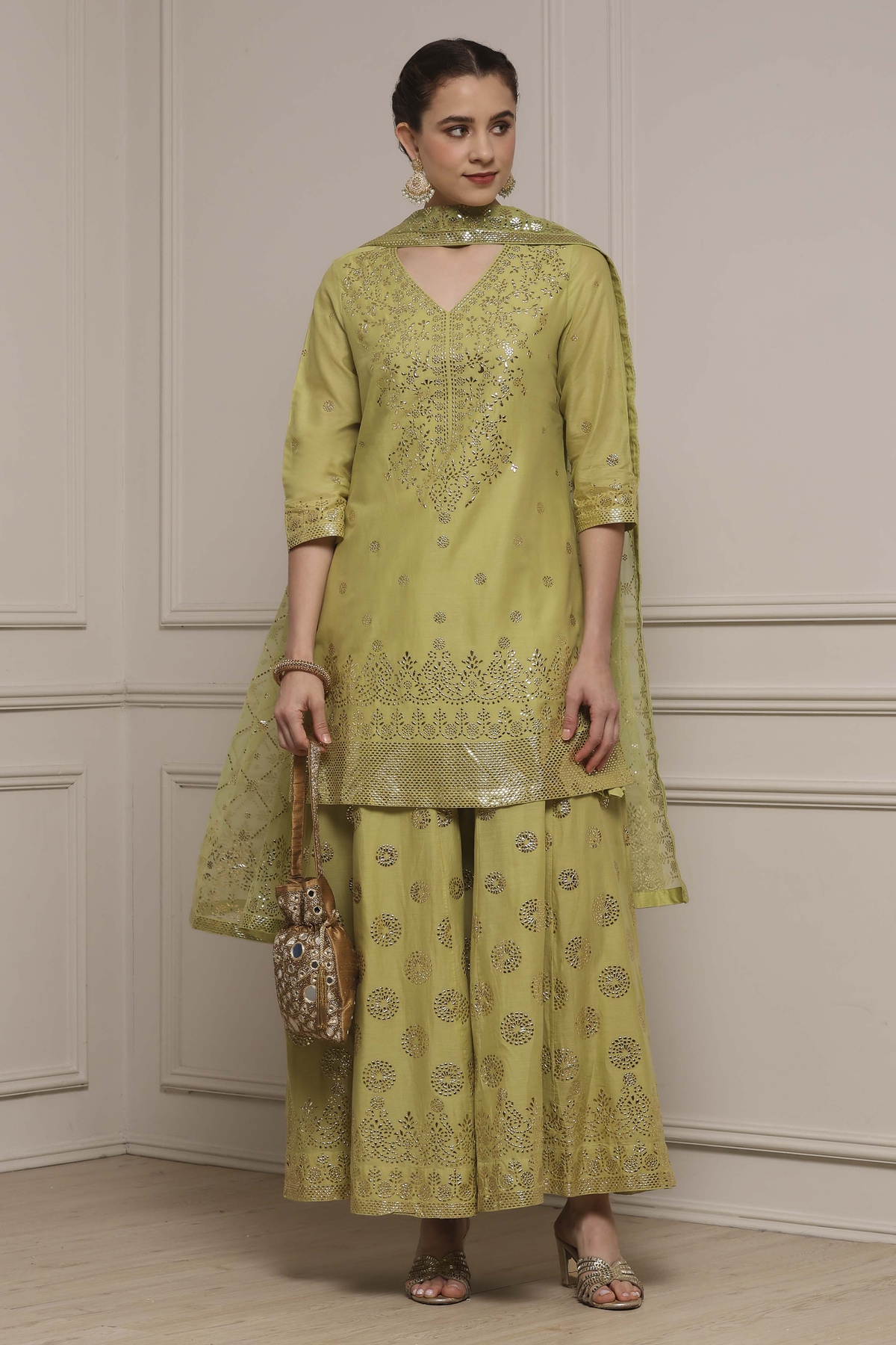 Green Cotton Metallic Pattern Sharara Suit Set