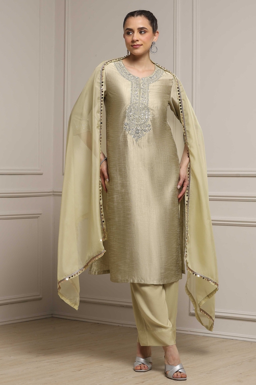 Light Green Art Silk Embroidered Straight Suit Set image number 0