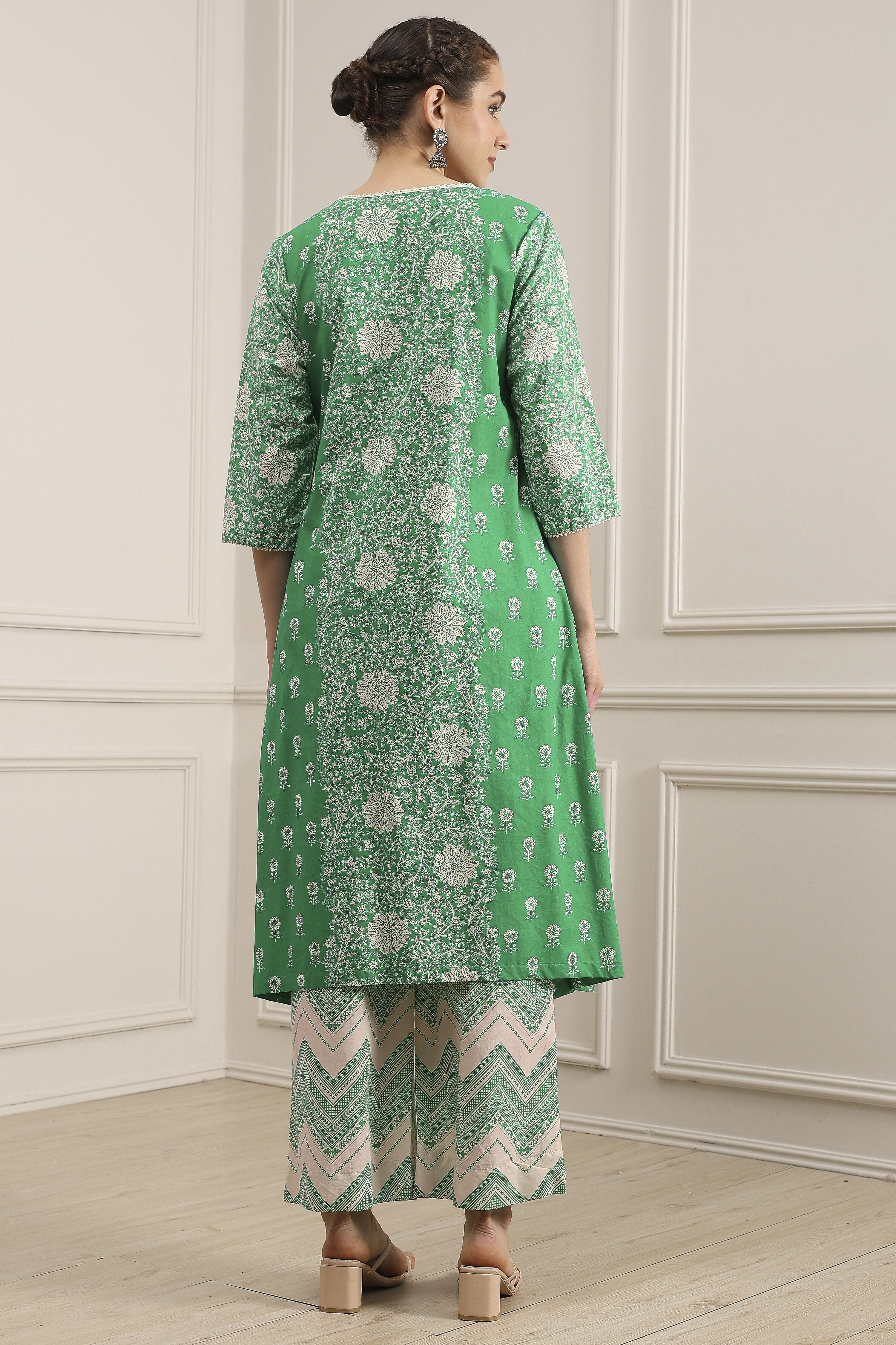 Sea Green Cotton Printed A-Line Suit Set image number 4