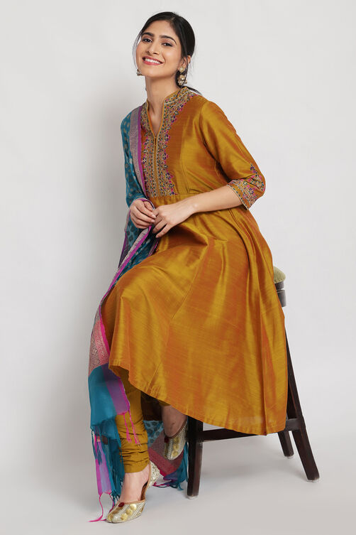 Mustard Poly Viscose A-Line Kurta Churidar Suit Set image number 0