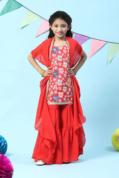 Red Polyester A-Line Printed Kurta Sharara Suit Set image number 0