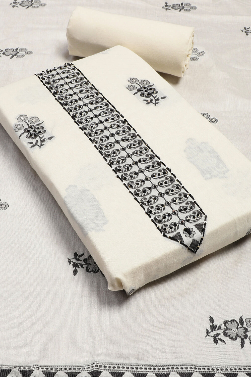 Cream Chanderi Unstitched Suit Set image number 1