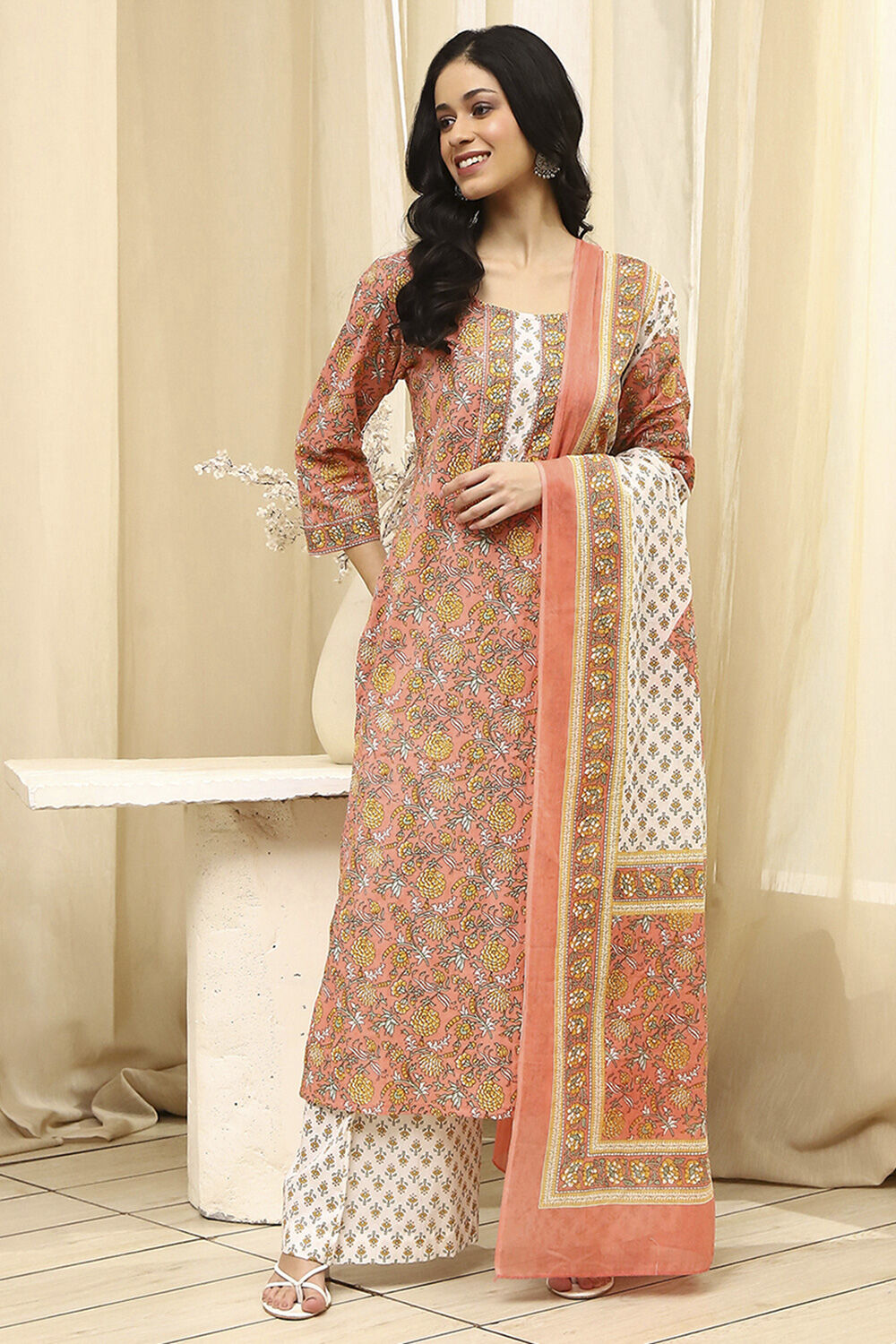 Lime Green and White Cotton Screen Print Unstitched Suit Set image number 1