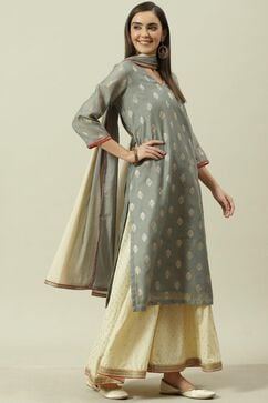 Cream & Grey Printed Straight Kurta Sharara Suit Set image number 5