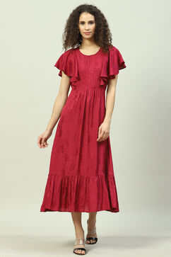 Plum Viscose Jacquard Flared Dress image number 0