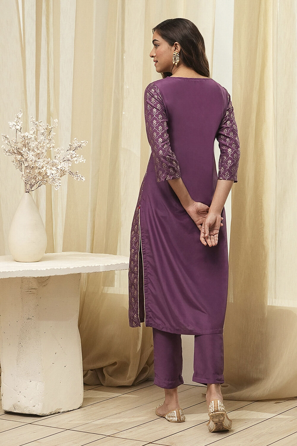 Dark Navy Art Silk Straight Kurta Slim Pants Suit Set image number 5