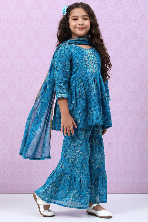 Teal Blue Cotton Flared Kurta Garara Suit Set image number 4