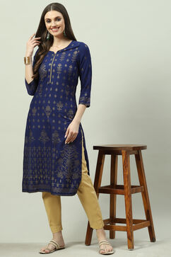 Royal Blue LIVA Straight Printed Kurta image number 3