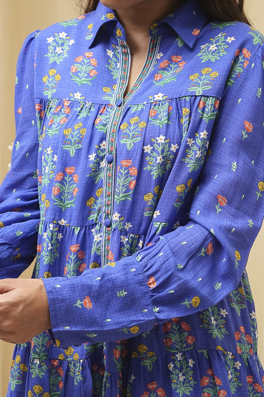 Blue Cotton Printed Shirt-Style Tiered Kurta image number 1