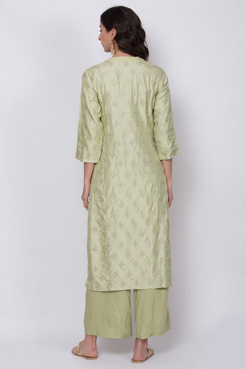 Green Cotton Silk Straight Kurta Palazzo Suit Set image number 4