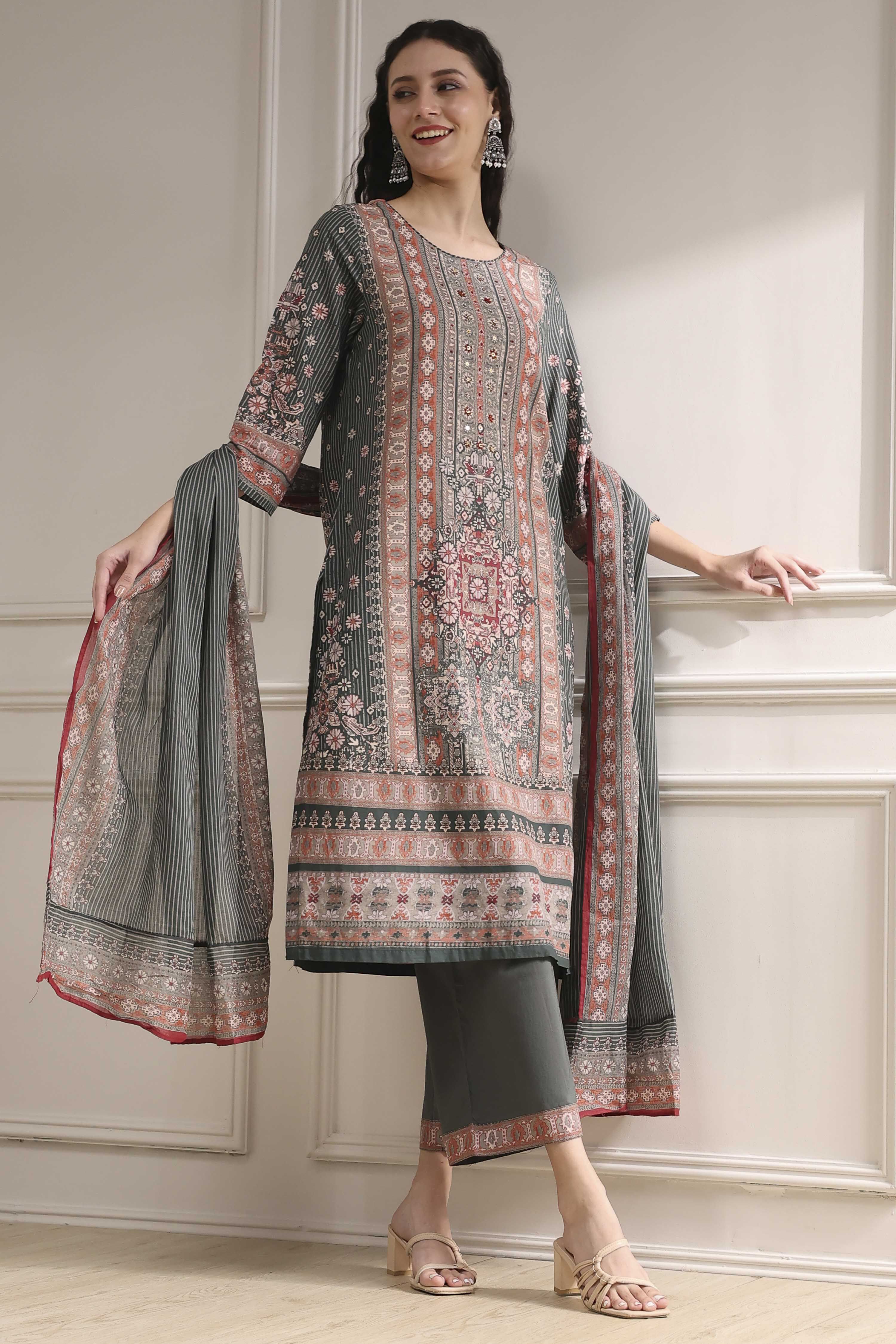 Grey Cotton Printed Straight Suit Set image number 0