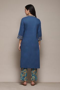 Blue Cotton Straight Kurta Pant Suit Set image number 5