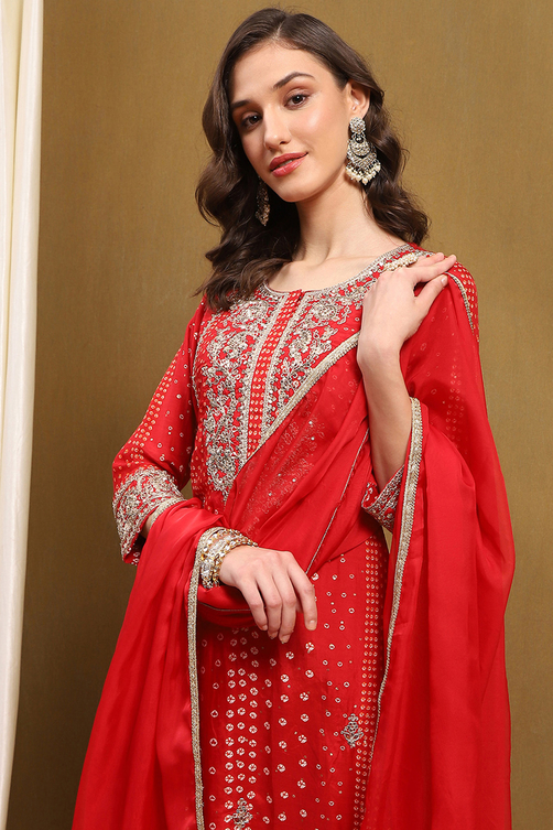 Red Modal Printed Festive Straight Suit Set image number 7
