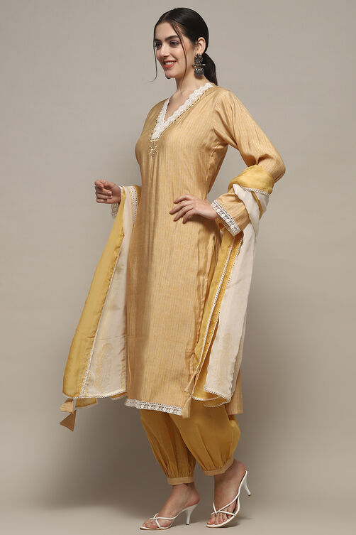 Beige Muslin Unstitched Suit set image number 5