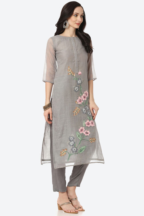 Grey Upada Silk Easy Stitch Suit Set image number 5