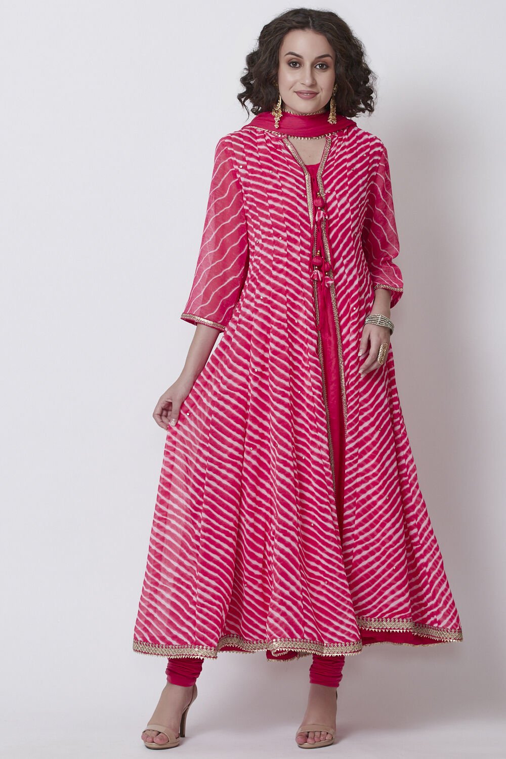 Pink Art Silk Front Open Kurta Churidar Suit Set