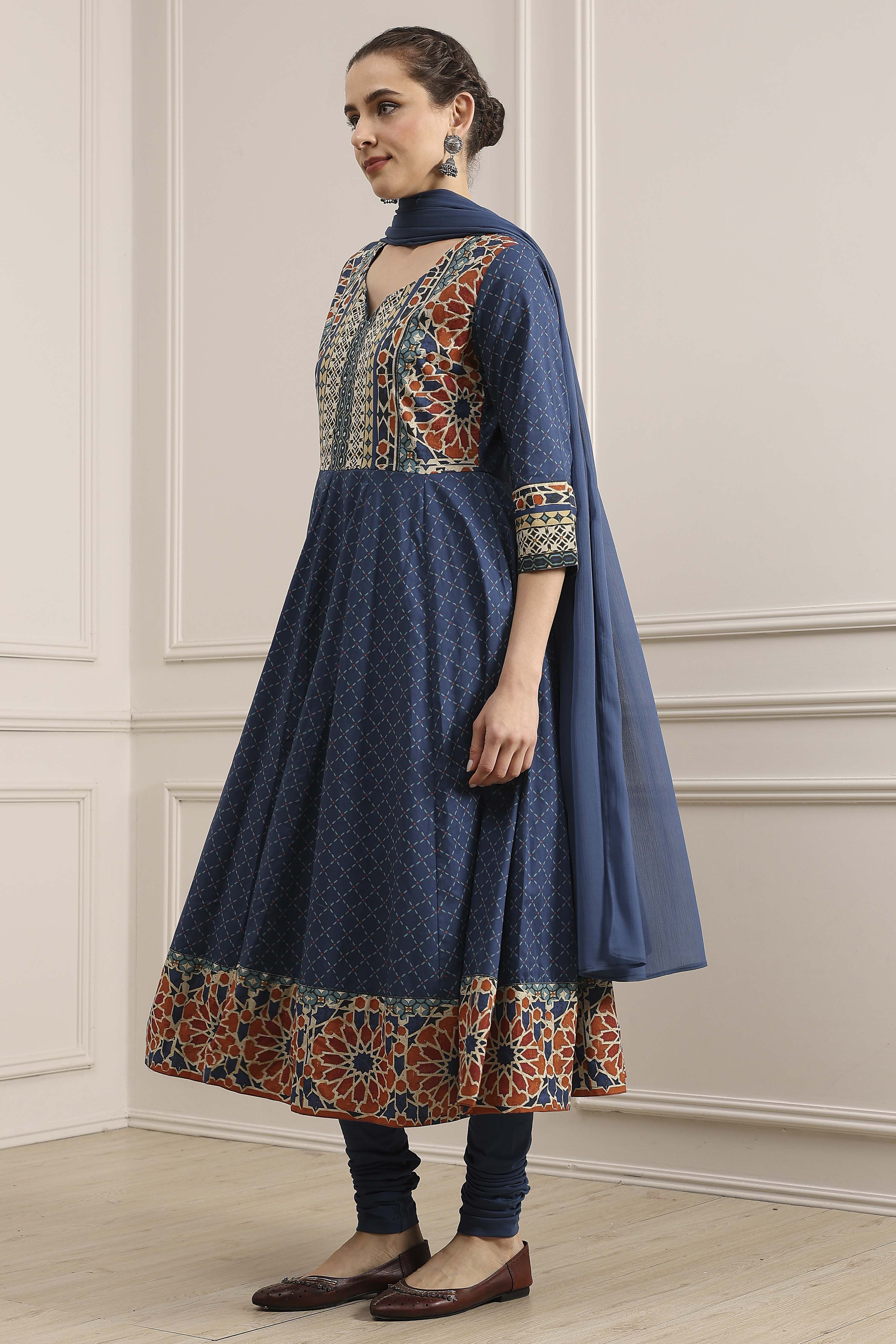Indigo Cotton Printed Anarkali Suit Set image number 3