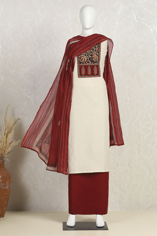 Off-White-Red Flex Hand Block Print Unstitched Suit Set image number 4