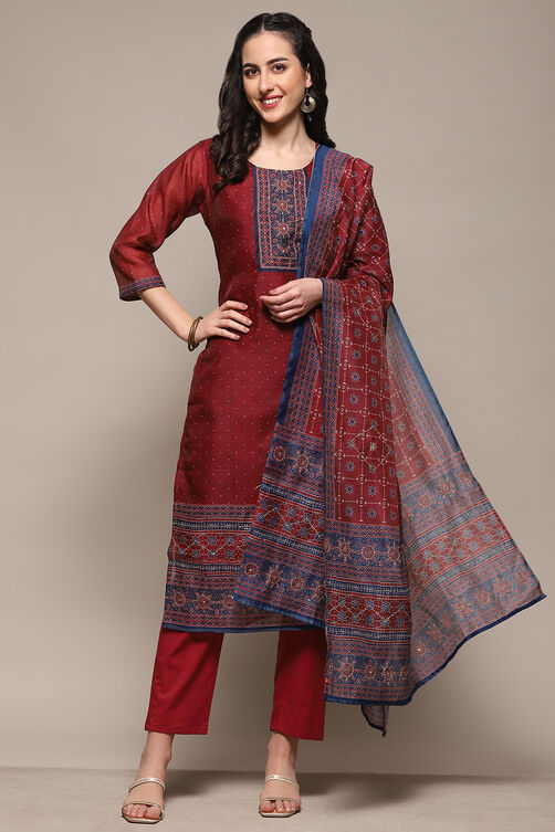 Red Chanderi Unstitched Suit Set image number 1