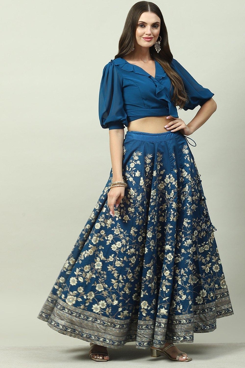 Blue Cotton Blend Lehenga Set image number 4