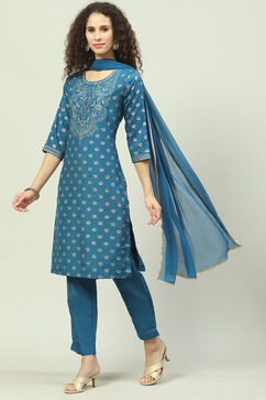 Teal Art Silk Straight Kurta Slim Pant Suit Set image number 5