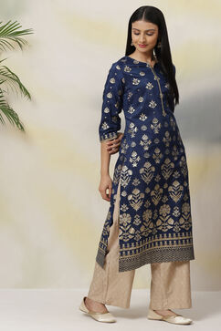 Navy Art Silk Straight Printed Kurta image number 3