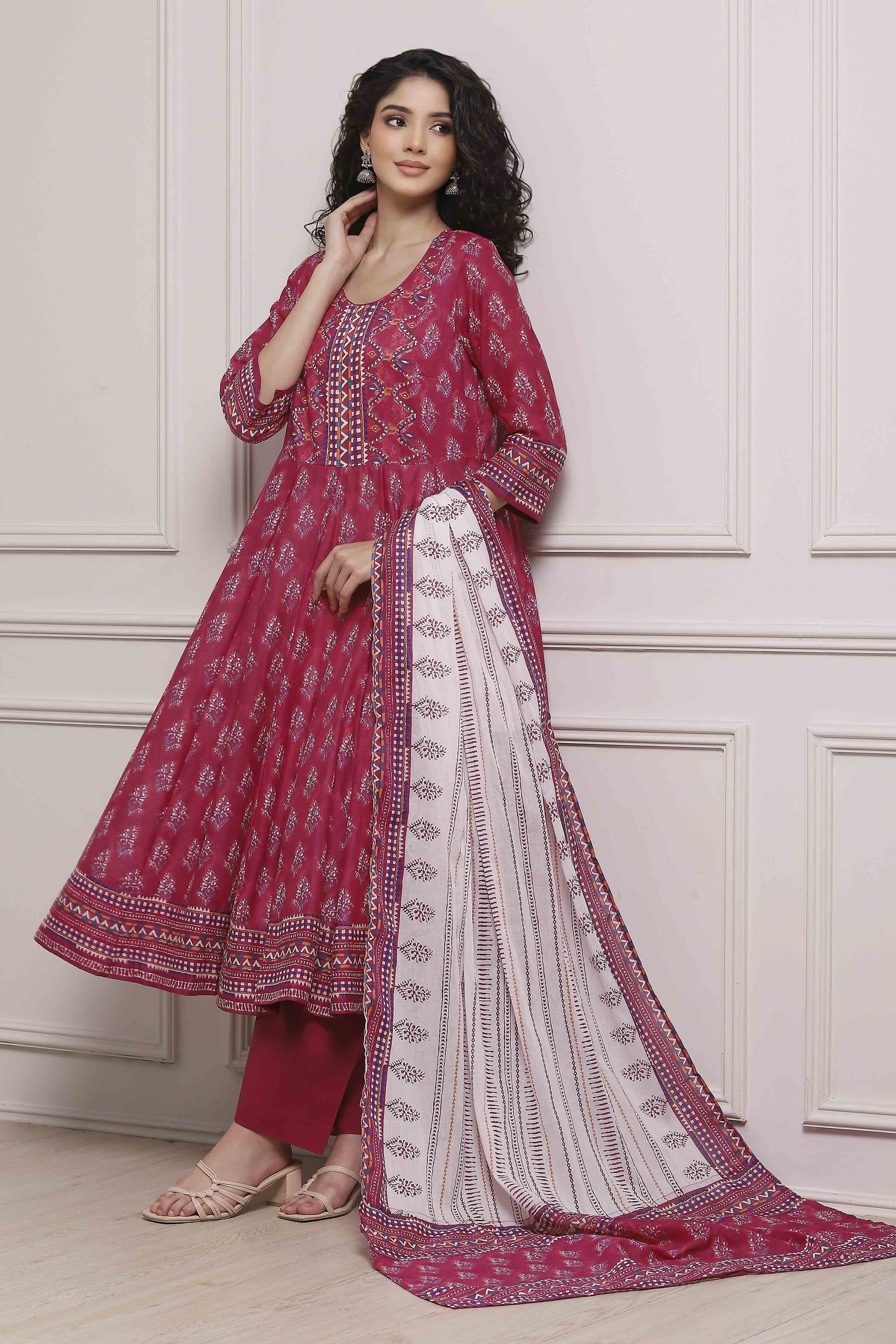 Magenta Cotton Printed Anarkali Suit Set image number 0