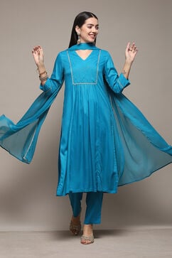 Turquoise LIVA Gathered Yarndyed Kurta Afgan Pant Suit Set image number 7