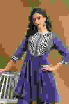 Indigo Cotton Printed Gathered Kurta Set image number 7