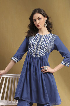 Indigo Cotton Printed Gathered Kurta Set image number 7