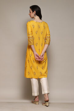 Yellow Cotton Straight Printed Kurta image number 4
