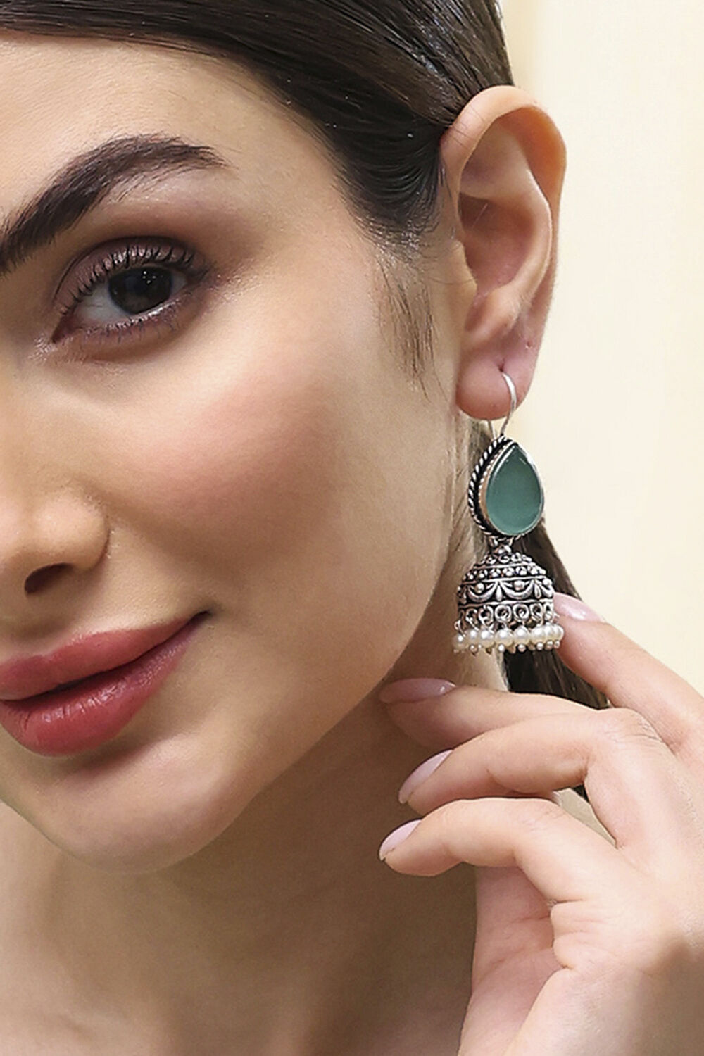 Mint Green Brass Jhumka image number 1