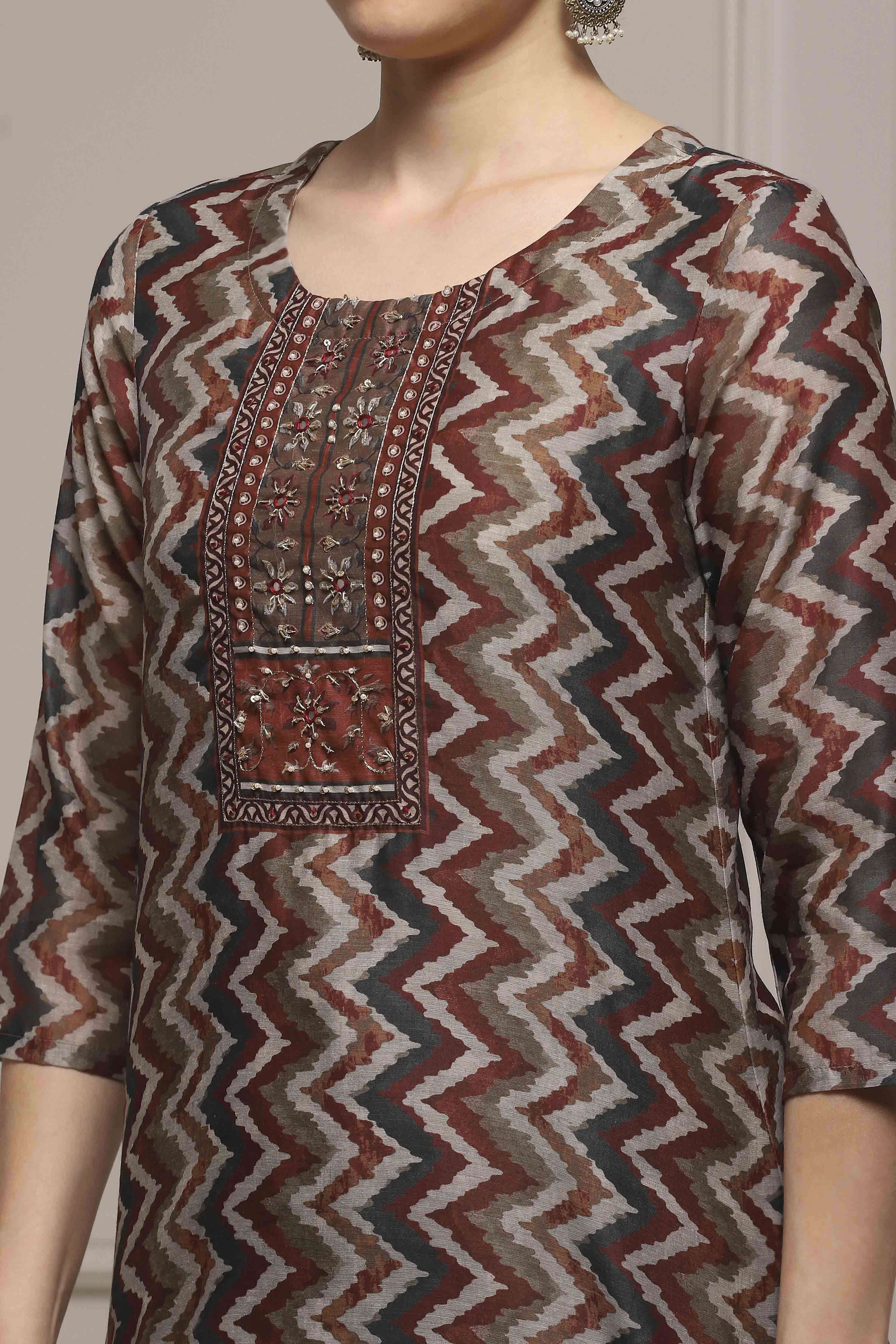 Orange Chanderi Blend Printed Embroidered Unstitched Suit Set image number 2