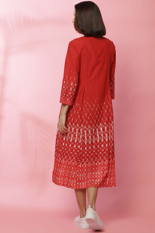 Red Rayon A-Line Printed Dress image number 5