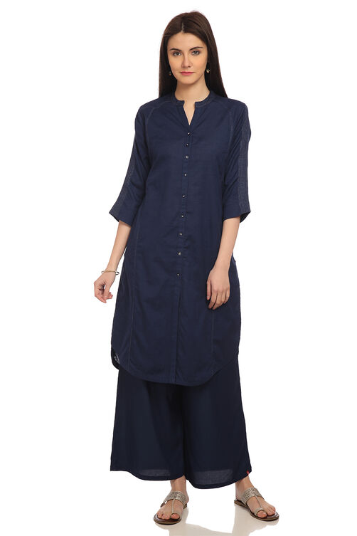 Navy Blue Front Open Cotton And Flax Solid Kurta image number 0