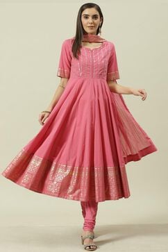 Pink Embroidered Cotton Anarkali Kurta Churidar Suit Set image number 5