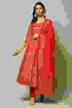 Red Cotton Anarkali Kurta Churidar Suit Set image number 6