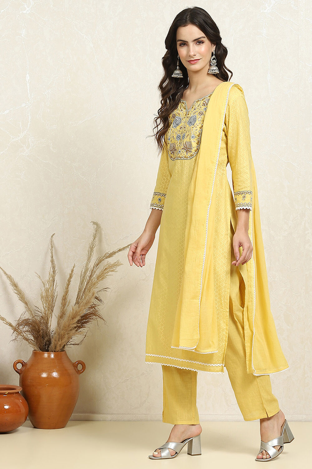 Blue Cotton Handloom Unstitched Suit Set image number 4