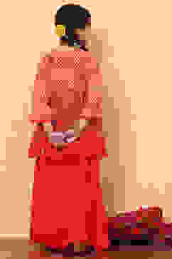 Coral Chiffon Floral Printed Festive Gathered Suit Set image number 4