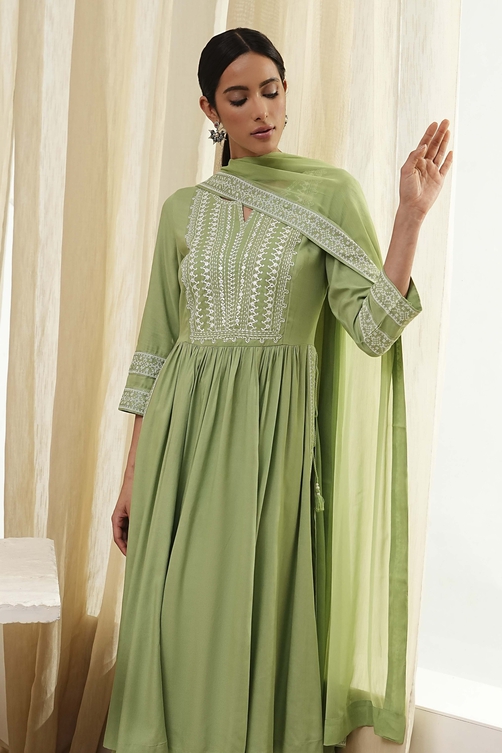 Olive Green Embroidered Gathered Suit Set image number 7