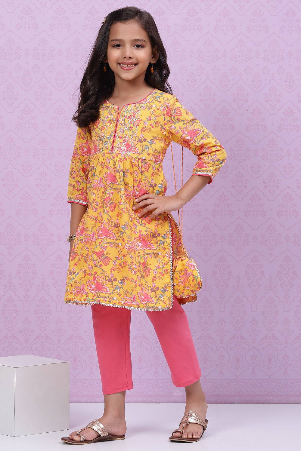 Yellow Cotton Flared Printed Kurta Set image number 5