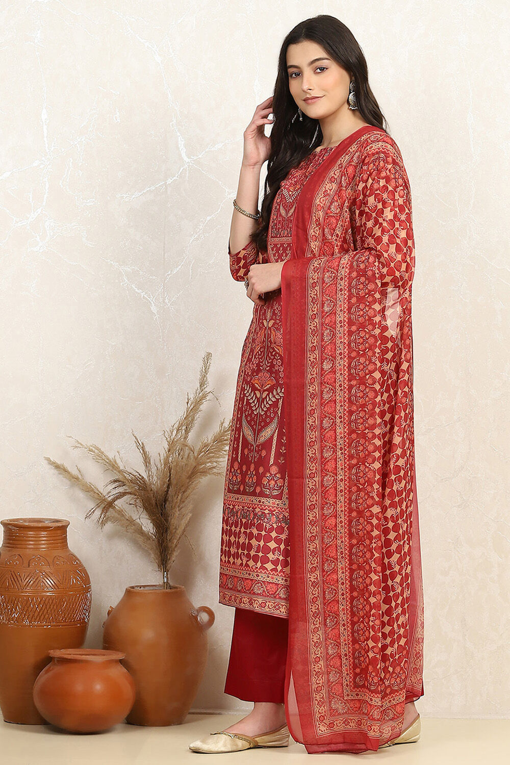 Pink Cotton Digital Print Unstitched Suit Set image number 4