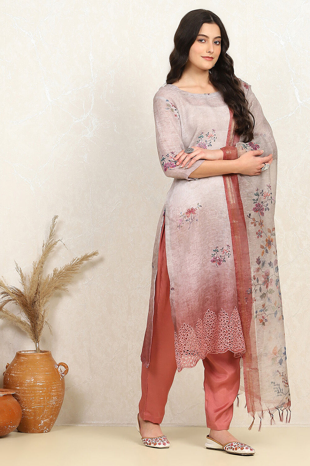 Rust Linen Printed Unstitched Suit Set image number 6