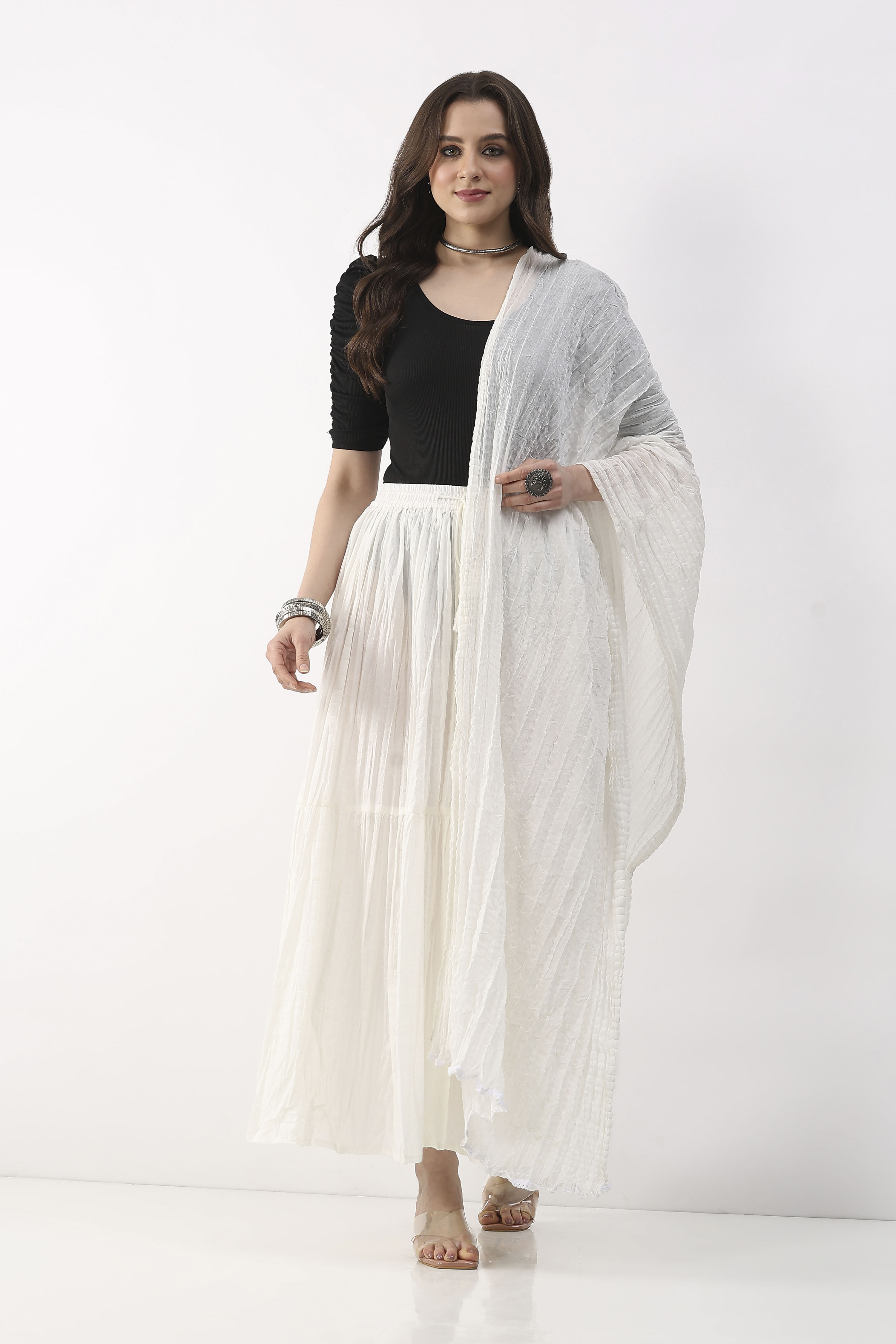 White Cotton Textured Solid Dupatta image number 0