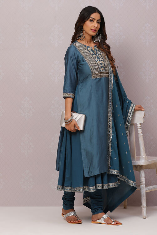 Wine Cotton Silk Flared Kurta Churidar Suit Set image number 0